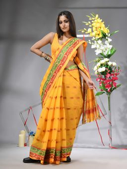 DESH BIDESH - Yellow Women's Tant Pure Saree Mina Zari Karat without Blouse