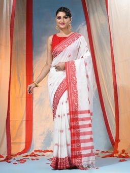 DESH BIDESH - Red Women Traditional Handloom Saree Flower Garden with Unstitched Blouse