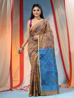 DESH BIDESH - Blue Women's Butterfly Print Halfhalf Handloom Saree with Blouse Piece with Unstitched