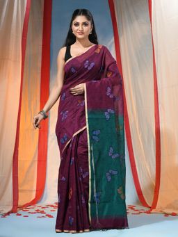 DESH BIDESH - Maroon Women's Butterfly Print Half Half Handloom Saree with Unstitched Blouse