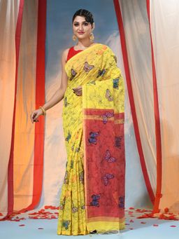 DESH BIDESH - Yellow Women's Butterfly Print Halfhalf Handloom Saree with Blouse Piece with Unstitched