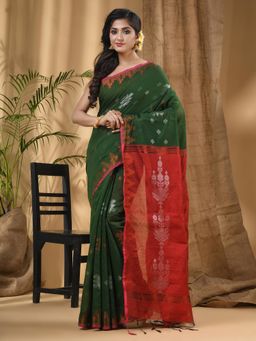 DESH BIDESH - Green Women's Tant Handloom Saree Jharbati Work with Unstitched Blouse
