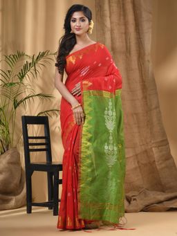 DESH BIDESH - Red Women's Tant Silk Handloom Saree Jharbati Work with Blouse Piece with Unstitched