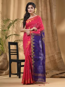 DESH BIDESH - Pink Women's Tant Handloom Saree Jharbati Work with Unstitched Blouse