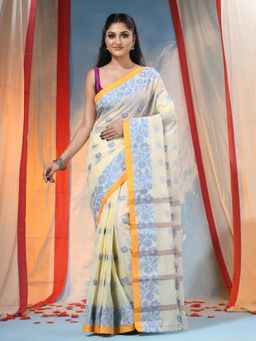 DESH BIDESH - Cream Women's Pure Saree Mine Kolka Flower Floral Woven without Blouse