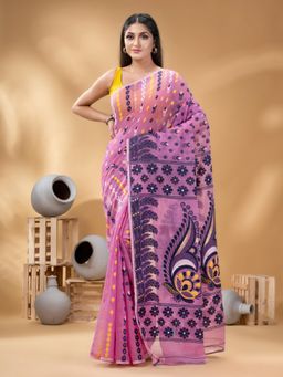 DESH BIDESH - Pink Women's Lojjaboti Leaf Resham Dhakai Pure Saree without Blouse