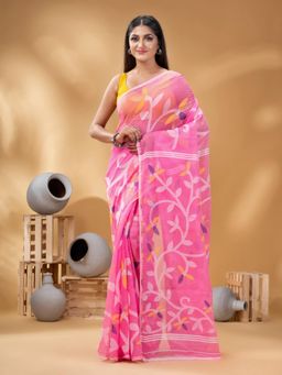DESH BIDESH - Pink Women's Muslin Resham Dhakai Pure Cotton Saree without Blouse