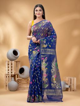 DESH BIDESH - Blue Women's Mayur Zari Work Resham Dhakai Pure Cotton Handloom Saree