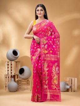 DESH BIDESH - Pink Women's Mayur Pekham Zari Work Resham Dhakai Jamdani Pure Cotton Handloom Saree