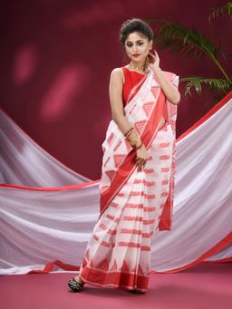 DESH BIDESH - Red Women's Traditional Pure Cotton Saree Woven Naba Durga without Blouse