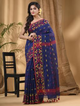 DESH BIDESH - Blue Women's Cotton Silk Handloom Saree Navratri with Unstitched Blouse