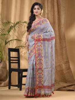 DESH BIDESH - Silver Women's Silk Handloom Saree Navratri with Blouse Piece with Unstitched