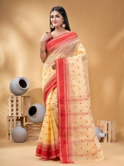 DESH BIDESH - Off White Women's Traditional Pure Saree Woven Temple Ball without Blouse