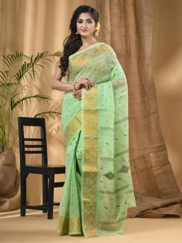 DESH BIDESH - Green Women's Bengal Tant Zari Kerala Printed Saree without Blouse