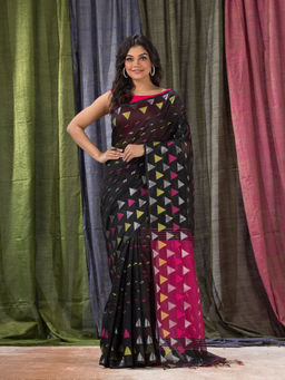 Angoshobha - Cotton Blended Black Handloom Tangail Saree with Unstitched Blouse