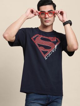 Free Authority - Men Superman Navy Blue Front & Back Printed Half Sleeve Loose Fit T-Shirt