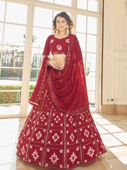 Odette - Festive Designer Red Semi Stitched Lehenga With Unstitched Blouse (Set of 3)
