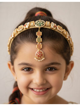 Choko - Gold Plated Kundan Pearl Multi-Color Hairband and Maangtikka Set