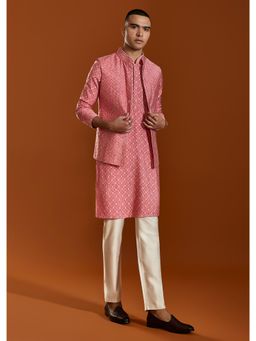 KALKI FASHION - Pink Raw Silk Kurta Jacket Set