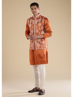 KALKI FASHION - Rust Embroidered Silk Kurta Jacket Set