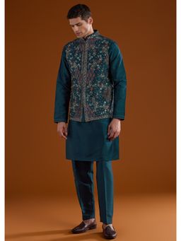 KALKI FASHION - Peacock Blue Embroidered Silk Kurta Jacket Set