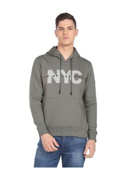 Arrow Newyork - Men Grey Kangaroo Pocket Brand Print Hooded Sweatshirt