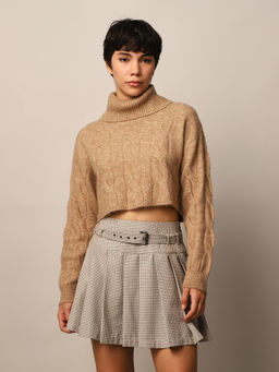 ONLY - Brown Cable Knit Turtle Neck Crop Sweater