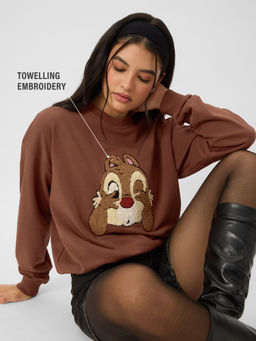 The Souled Store - Women Brown Embroidered Oversized Sweatshirt