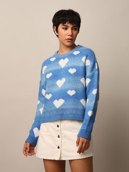 ONLY - Blue Heart Printed Knit Sweater