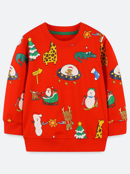 Oh Rare - Boy Red Round Neck Christmas Cartoon Print Sweatshirt