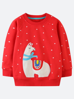 Oh Rare - Girl Red Round Neck Printed Embroidered Sweatshirt