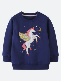 Oh Rare - Girl Navy Blue Cartoon Embroidery Horse Sweatshirt