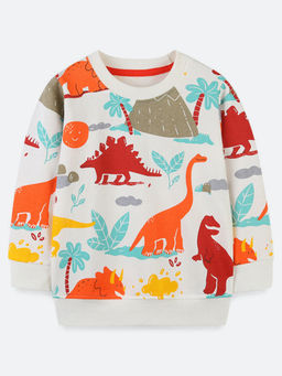 Oh Rare - Boy White Round Neck Cartoon Printed Sweatshirt