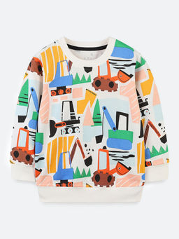 Oh Rare - Boy White Bottoming Cartoon Print Round Neck Sweatshirt