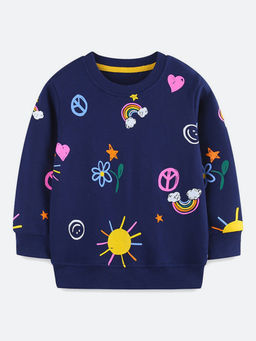 Oh Rare - Girl Navy Blue Print Pattern Cotton Bottoming Sweatshirt