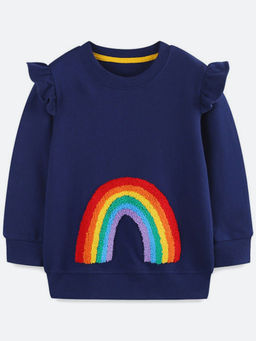 Oh Rare - Girl Navy Blue Embroidered Cotton Sweatshirt