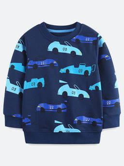 Oh Rare - Boy Navy Blue Knitted Cotton Car Print Sweatshirt