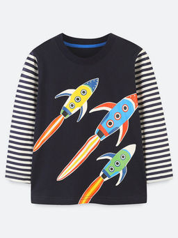 Oh Rare - Boy Black Round Neck Luminous Rocket Pattern Sweatshirt