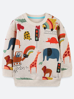 Oh Rare - Boy Beige Round Neck Cartoon Printed Bottoming Sweatshirt