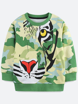 Oh Rare - Boy Green Round Neck Cartoon Print Sweatshirt