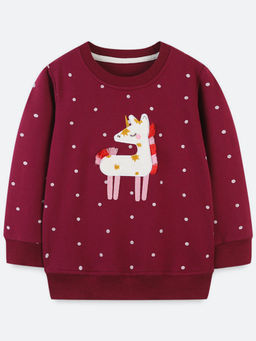 Oh Rare - Girl Maroon Printed Embroidered Sweatshirt