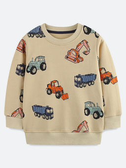 Oh Rare - Cotton Beige Round Neck Car Print Boy Sweatshirt