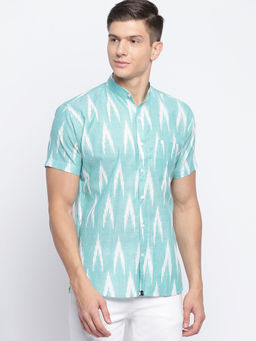 JAVINISHKA - Sea Green Handwoven Ikat Slim Fit Shirt