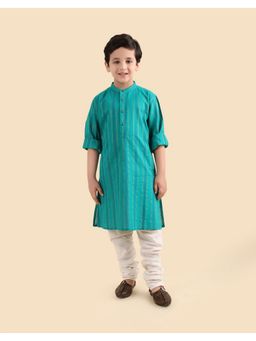 Fabindia - Boys Teal Cotton Blend Stripes Kurta