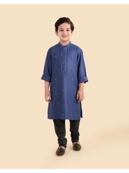 Fabindia - Boys Navy Blue Viscose Blend Embroidered Kurta