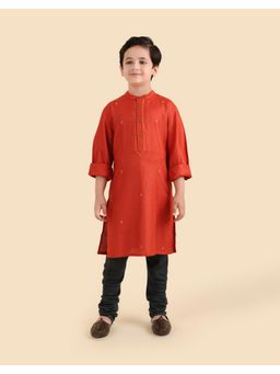 Fabindia - Boys Orange Viscose Blend Embroidered Kurta
