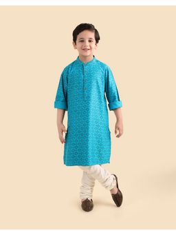 Fabindia - Boys Teal Viscose Blend Geometric Kurta