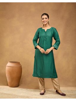 Fabindia - Women Green Viscose Blend Solid/Plain Kurta