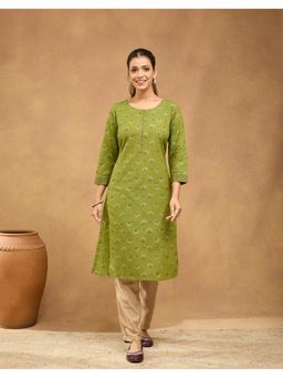 Fabindia - Women Green Cotton Floral Kurta