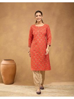 Fabindia - Women Orange Cotton Floral Kurta